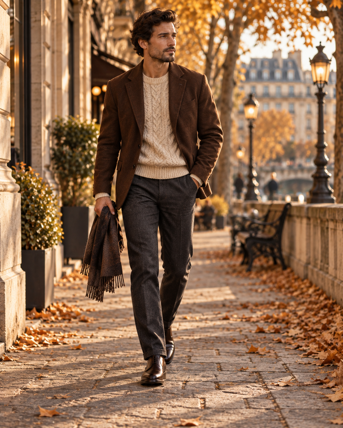 Męska stylizacja smart casual z brązową marynarką jasnym swetrem i spodniami